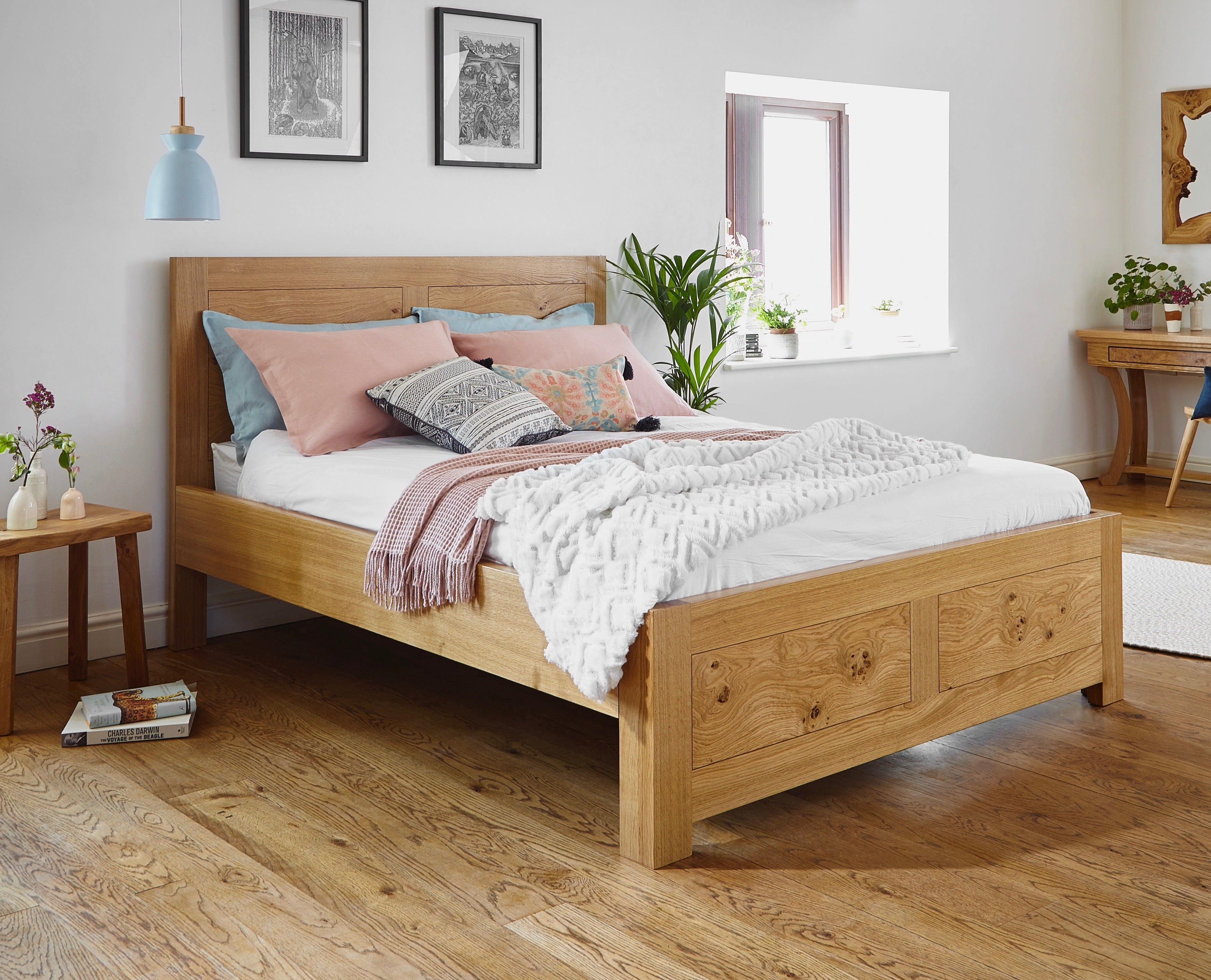 King Size Bed with Headboard Storage In English Oak Light